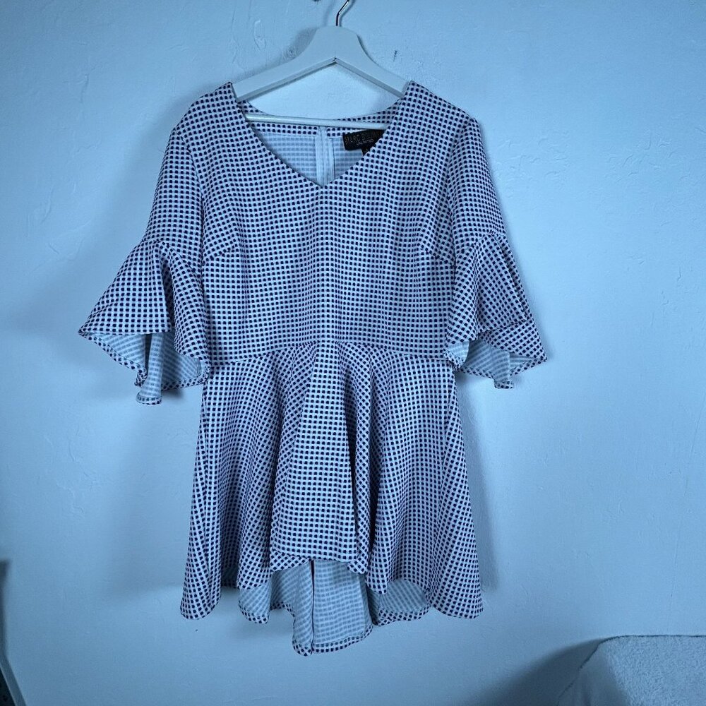 Marc Bouwer Unlimited Womens Blue Gingham Peplum Mini Dress Large Flutter Sleeve